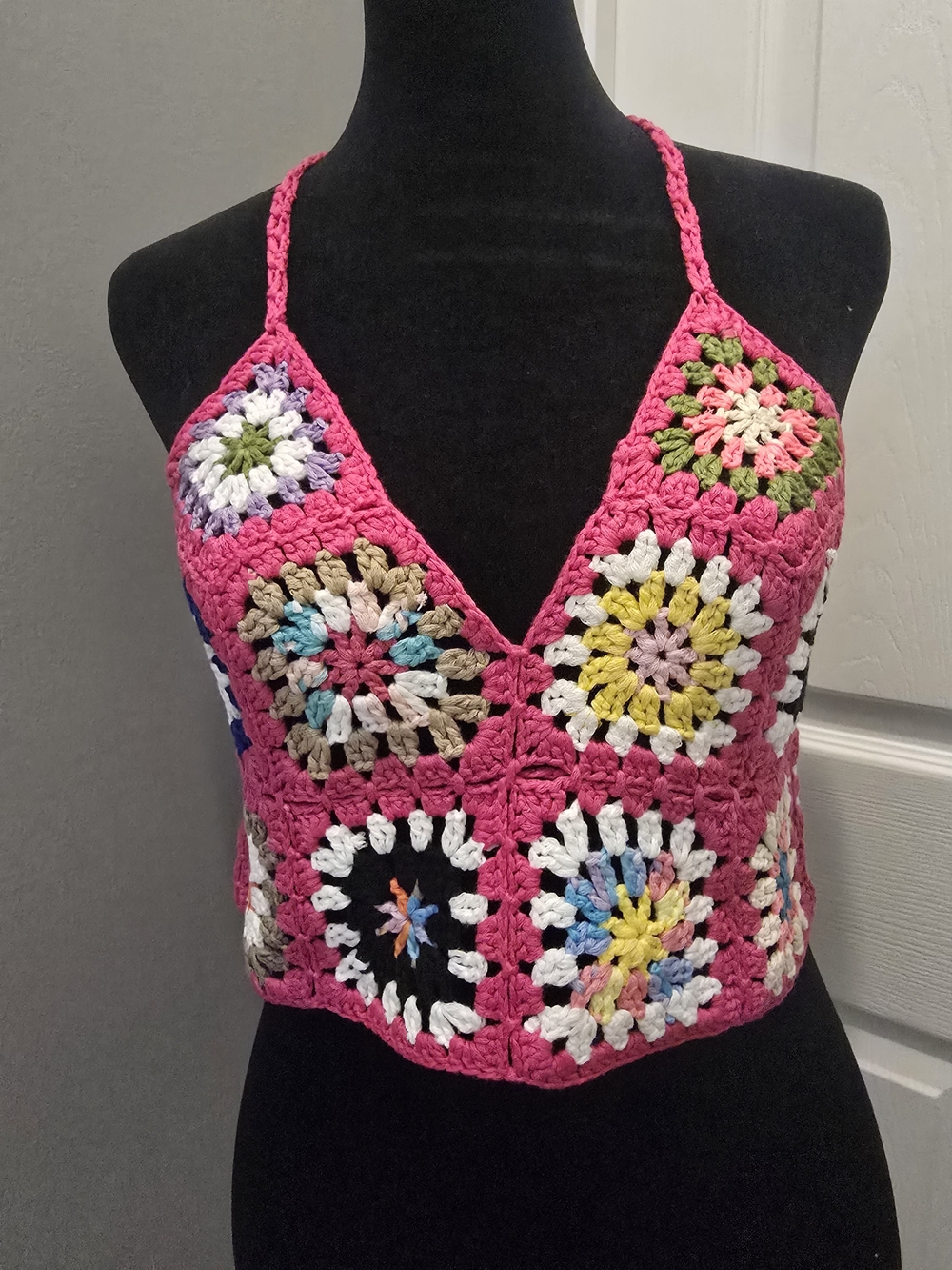 Handmade Pink Crochet Granny Square Halter Crop Top